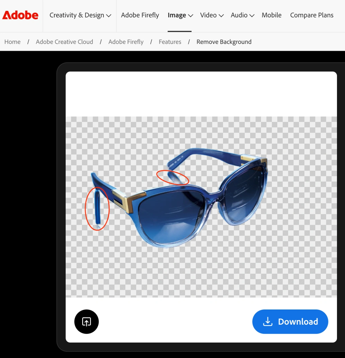 Sunglasses cutout result generated by Adobe Firefly showing retained reflections