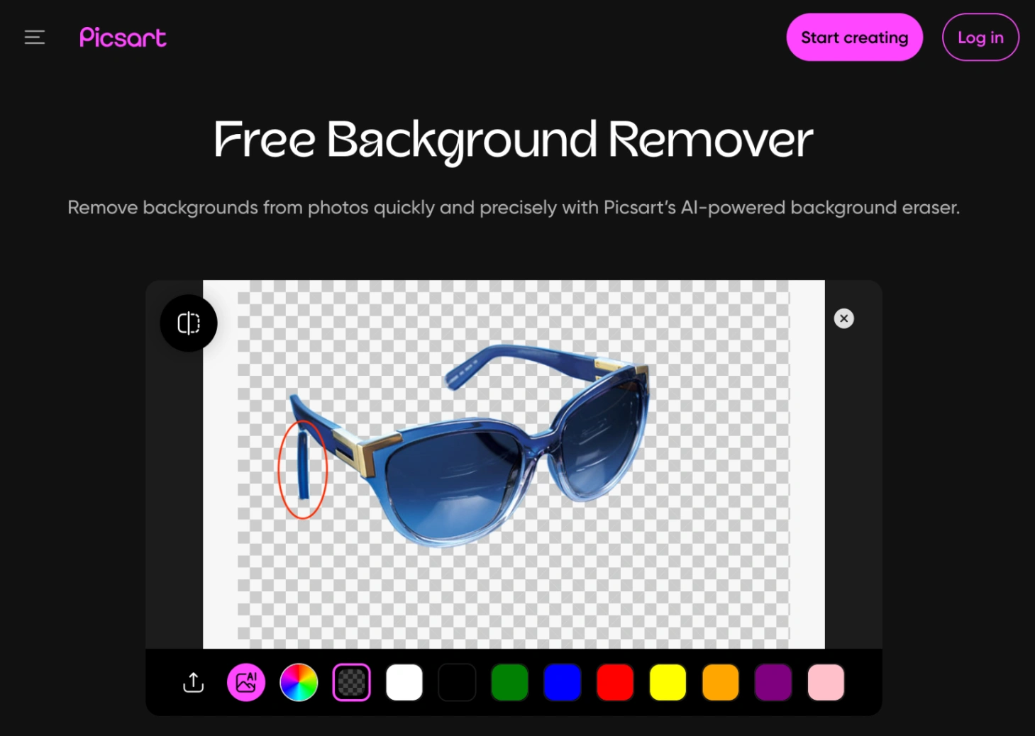 Sunglasses cutout result generated by Picsart showing residual reflection fragment