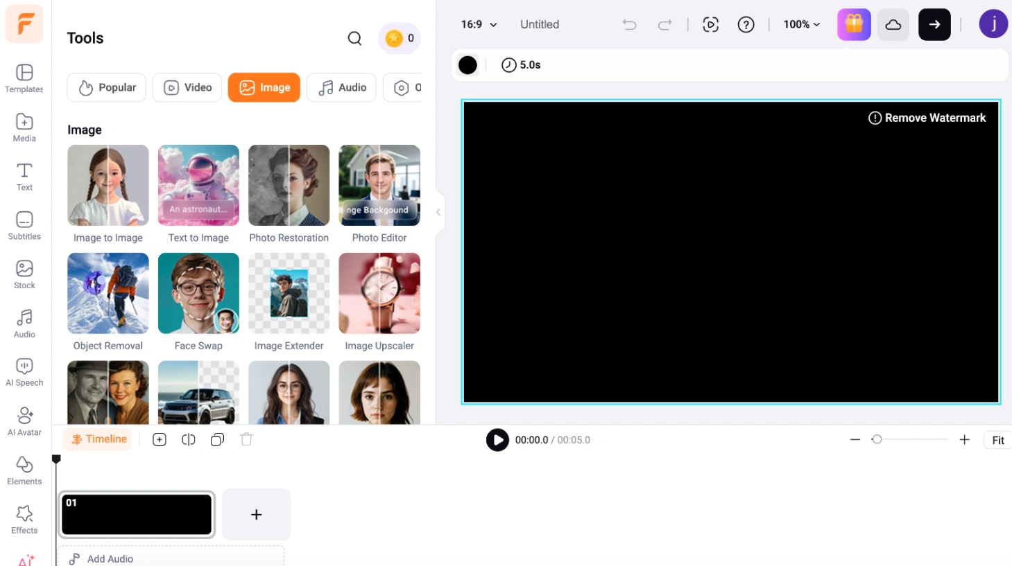 FlexClip browserbasierte Editor-Arbeitsumgebung mit manueller Ebenenpositionierung und Hintergrundentfernungseinstellungen