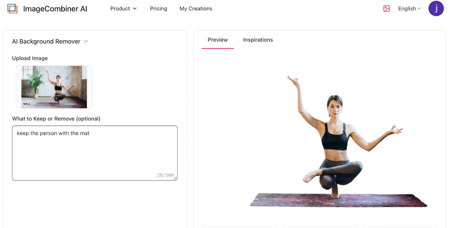 ImageCombiner AI interface isolating the person and mat via prompt