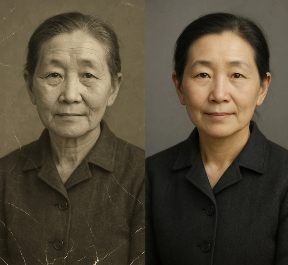 Before and after restore old photo - damaged vintage photo restored to high quality