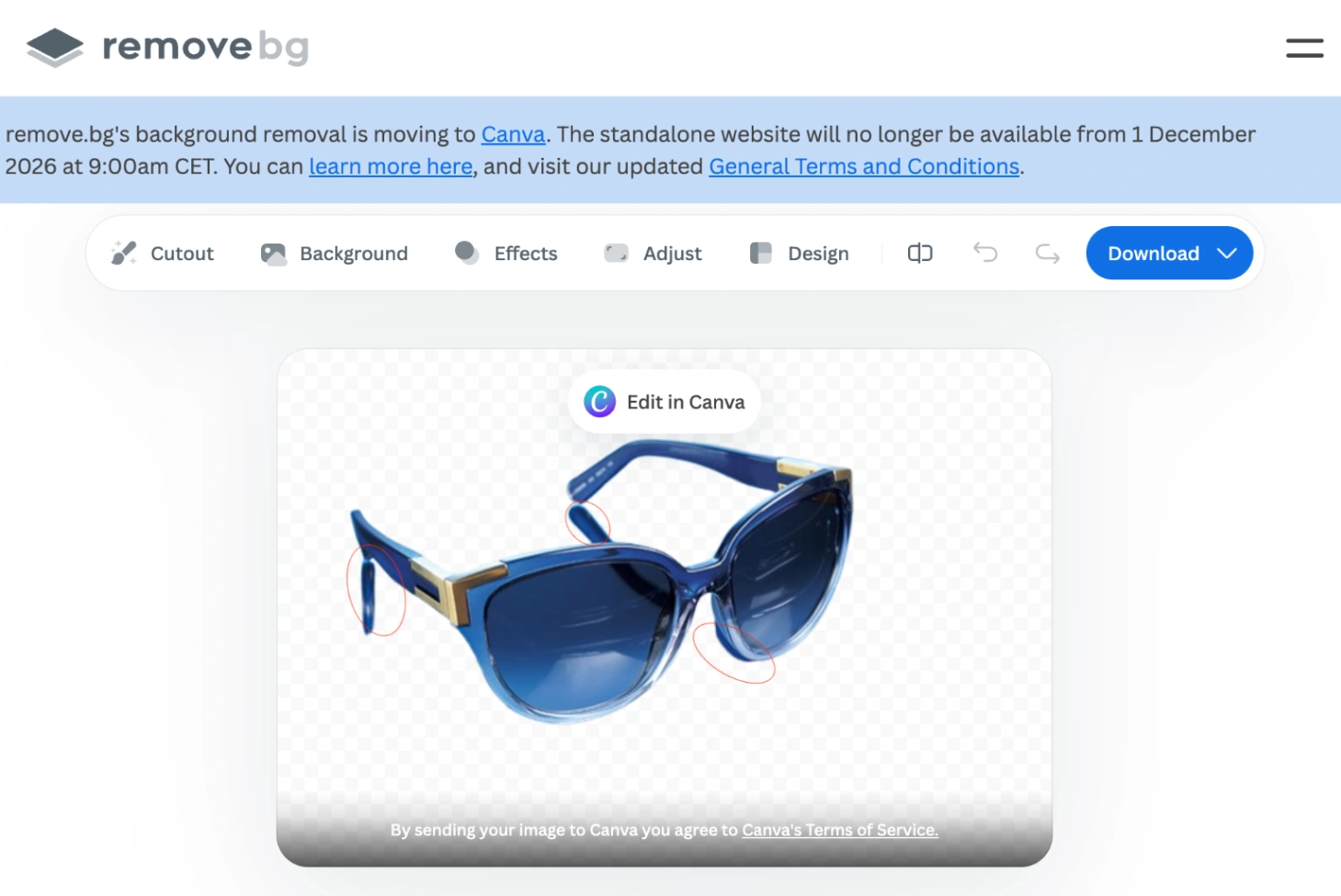Sunglasses cutout result generated by remove.bg showing retained reflections