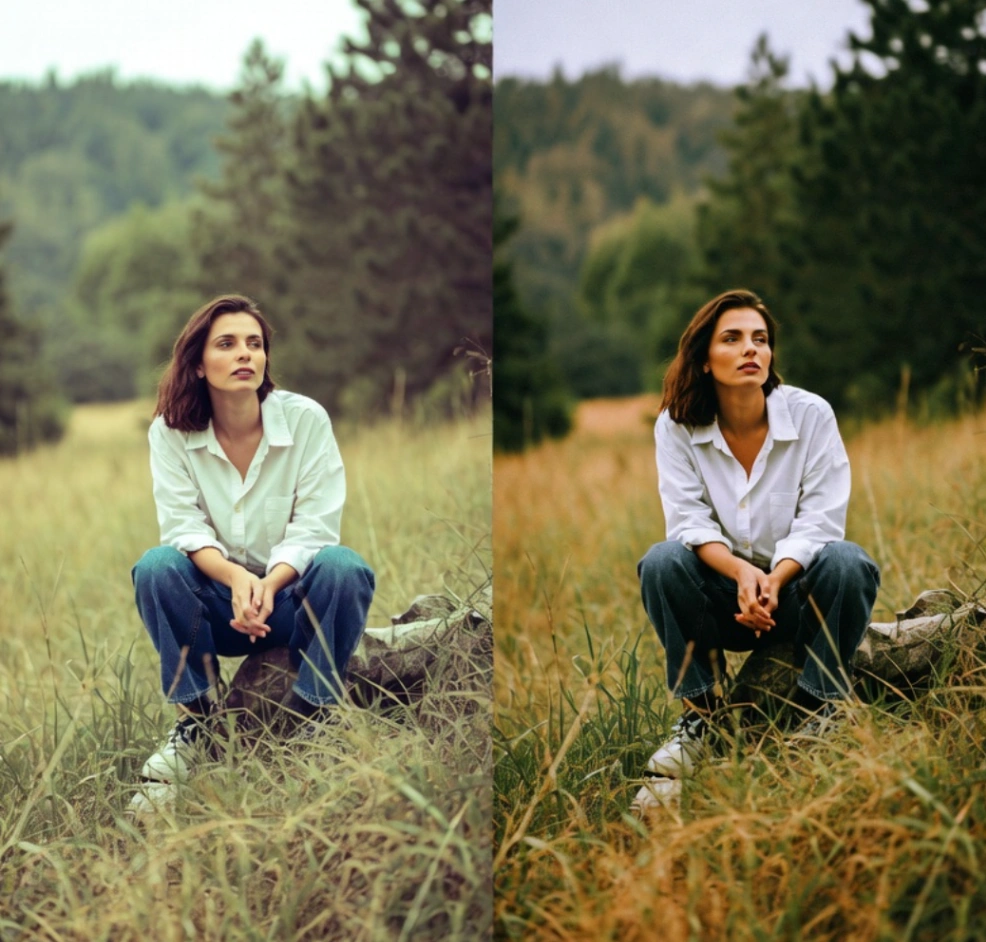 Professional photography comparison showcasing a raw unedited shot vs a color-graded edited photo.